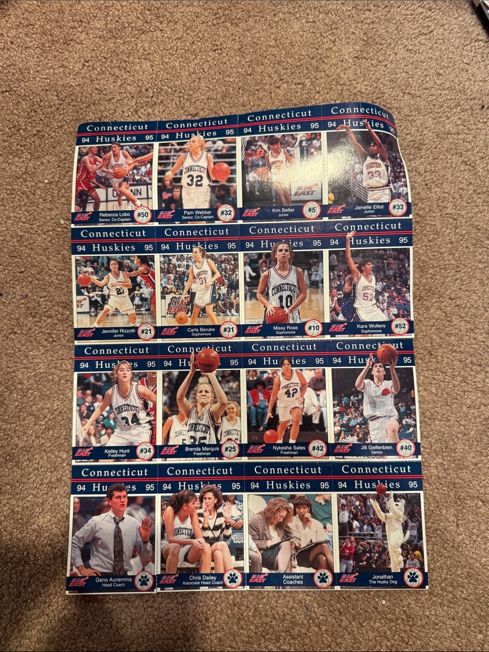 UConn Huskies 1994-95 Team Photo Card Sheet - Blue & White